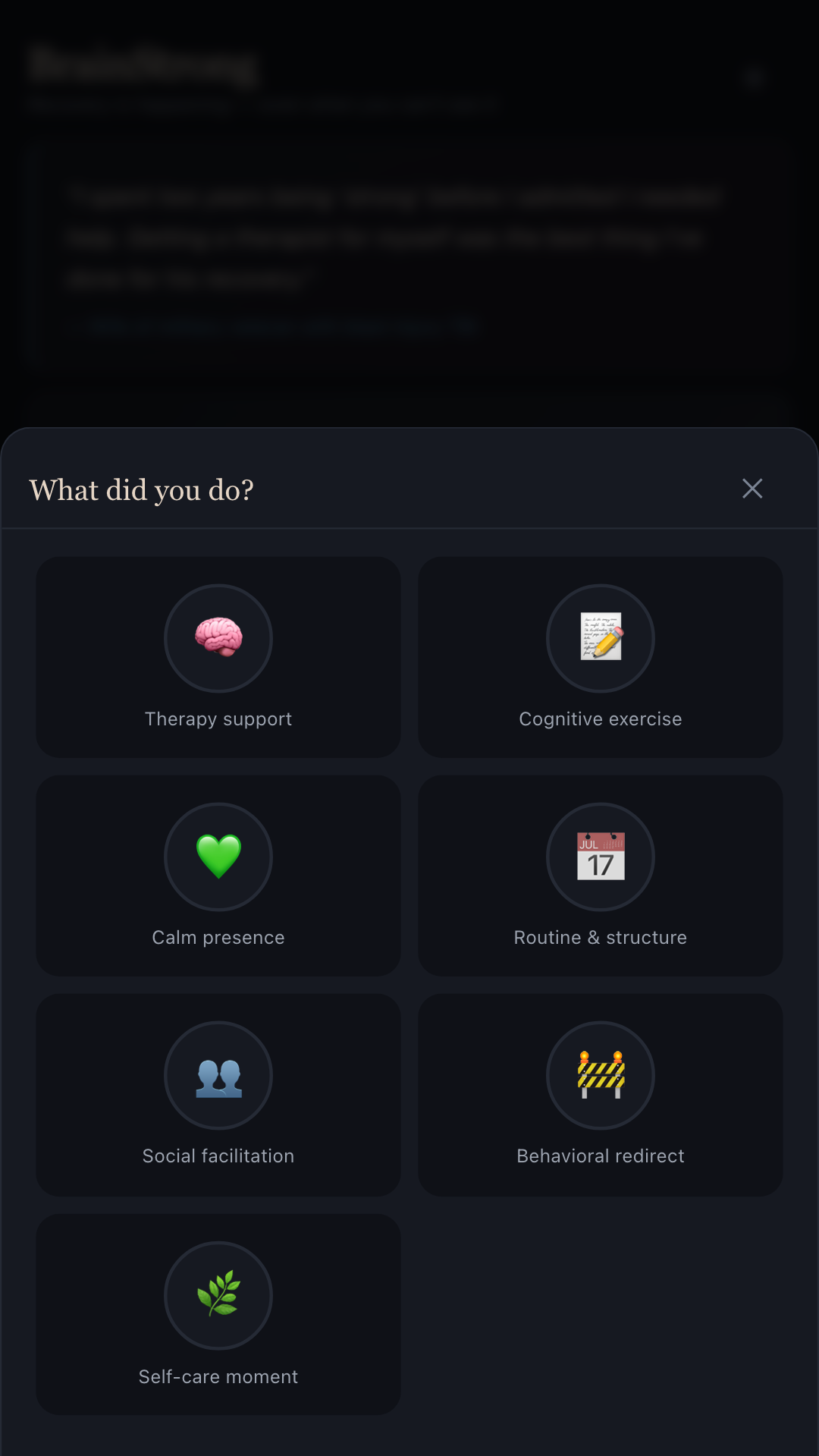 BrainStrong daily log screen with sliders for cognition, behaviour and caregiver load