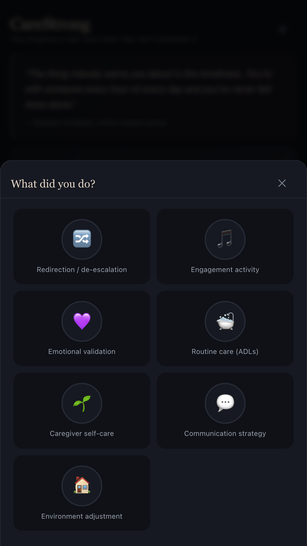CareStrong daily log screen with sliders for strategy, emotional load and respite