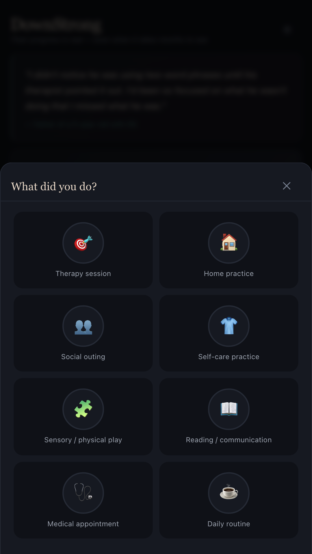 DownStrong daily log screen with sliders for practice, behaviour and caregiver load