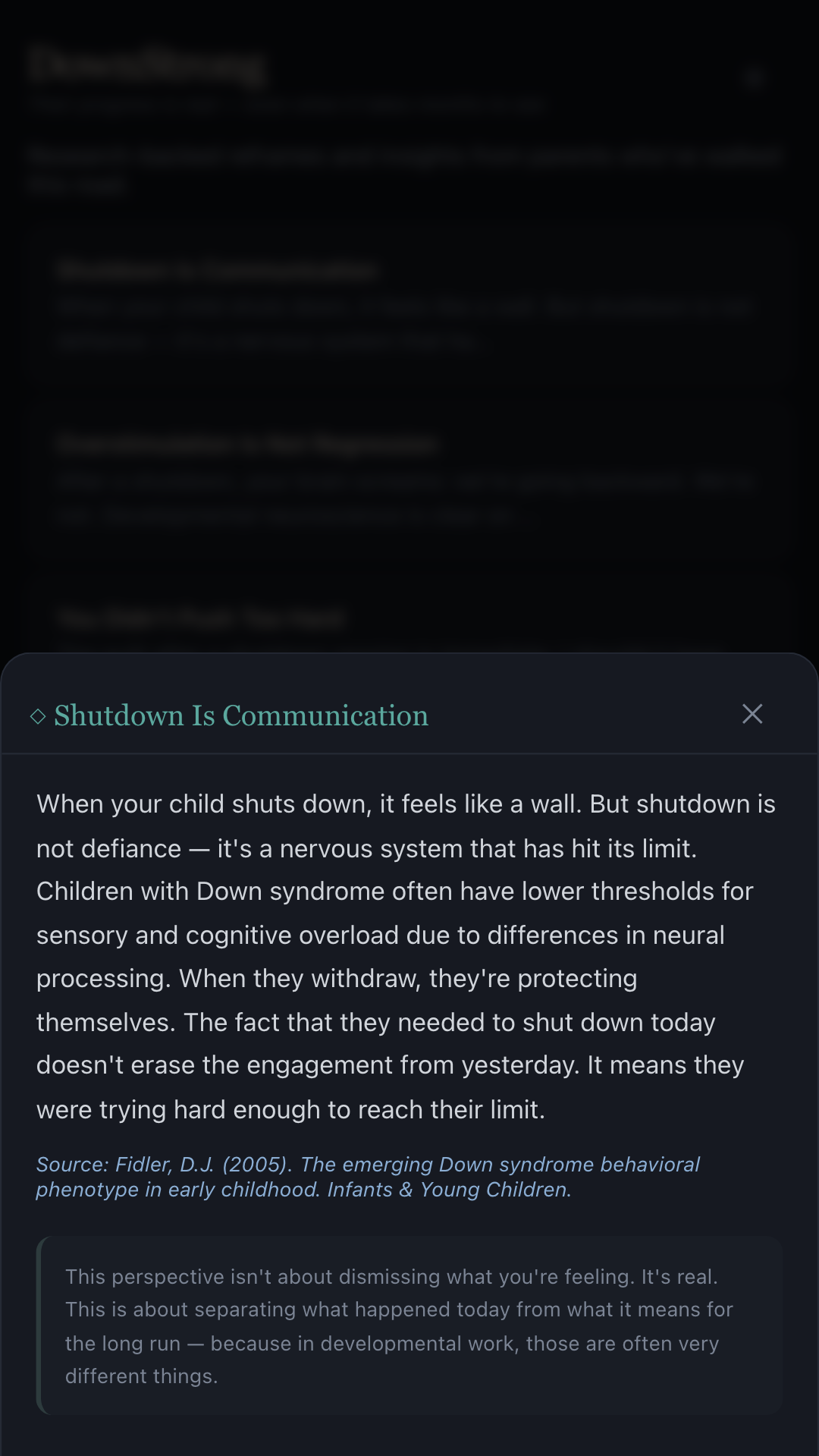 DownStrong Perspective Shift screen showing a reframe grounded in Down syndrome research