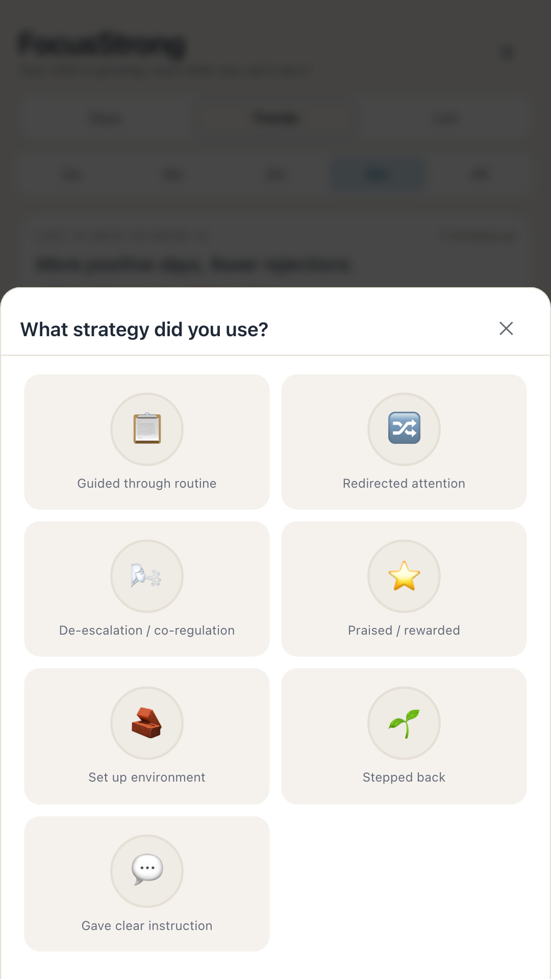 FocusStrong daily log screen with sliders for routine, behaviour and parent energy