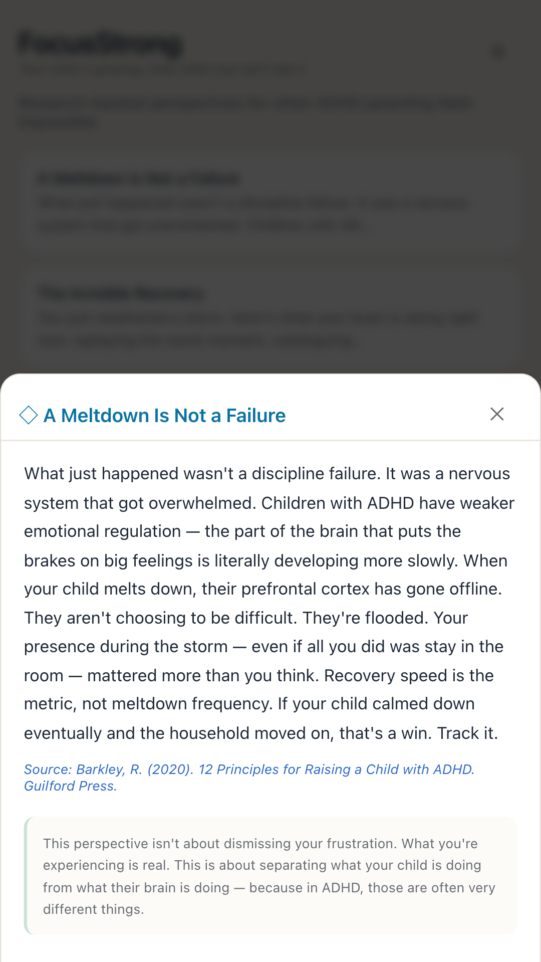 FocusStrong Perspective Shift screen showing a research-backed reframe about ADHD behaviour