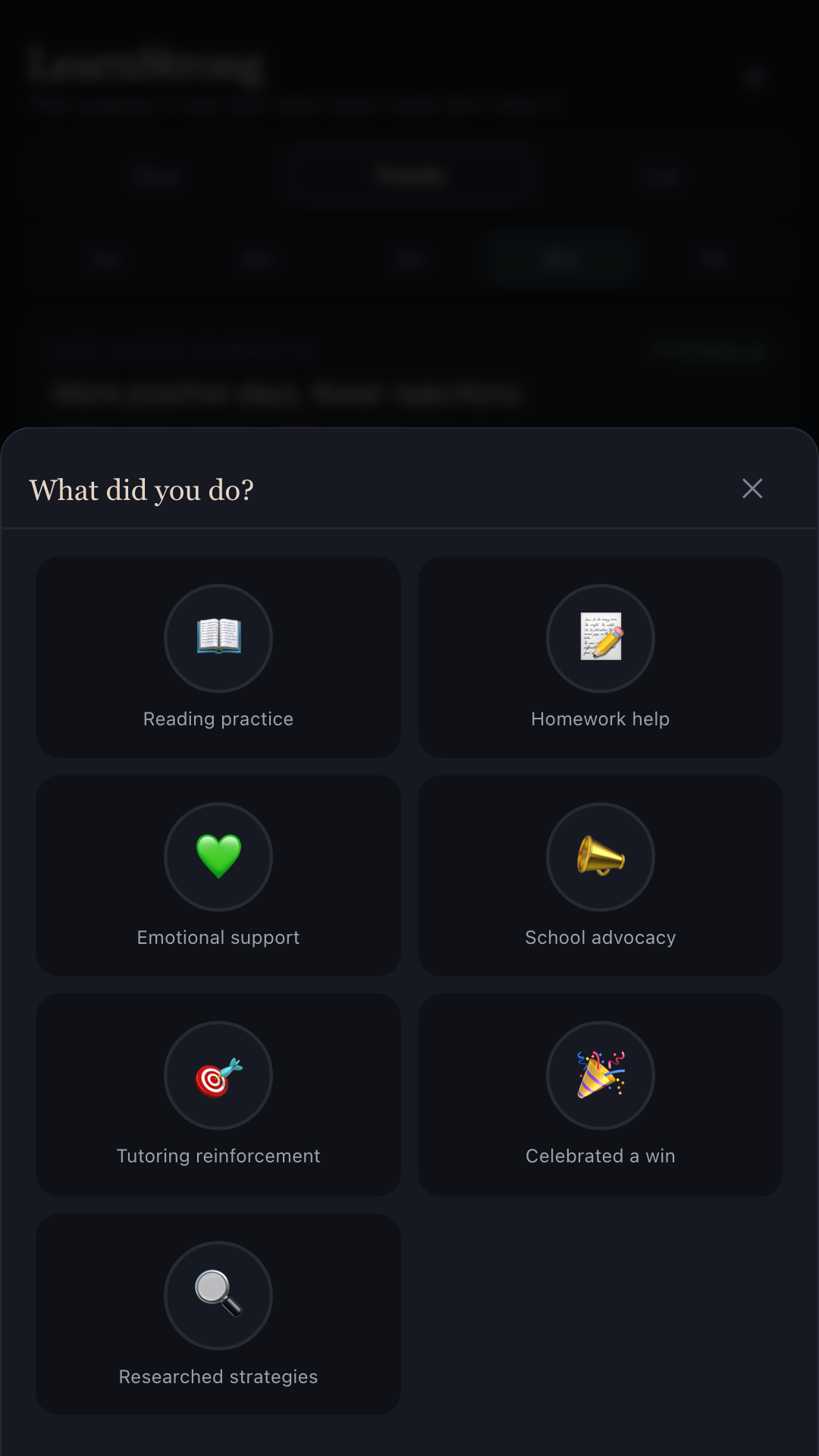 LearnStrong daily log screen with sliders for practice, homework and confidence