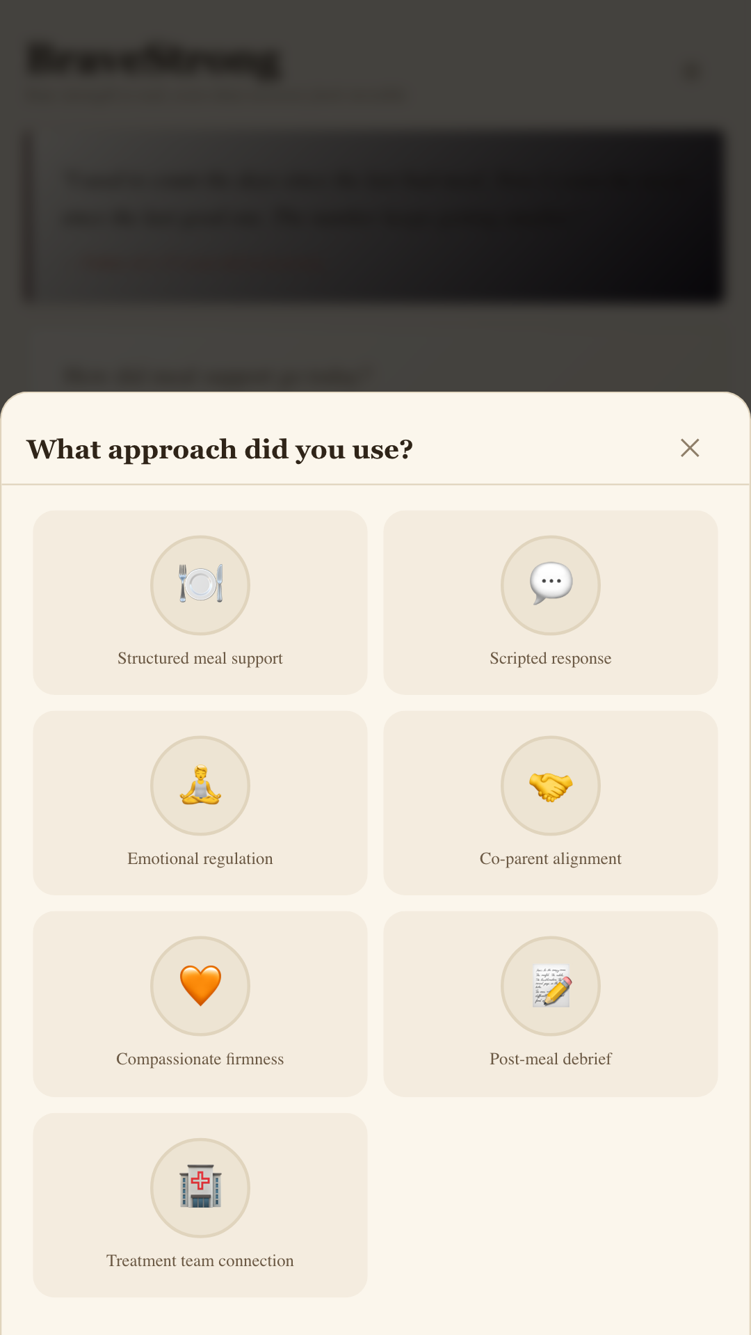 MealStrong daily log screen with sliders for meal support, alignment and caregiver capacity