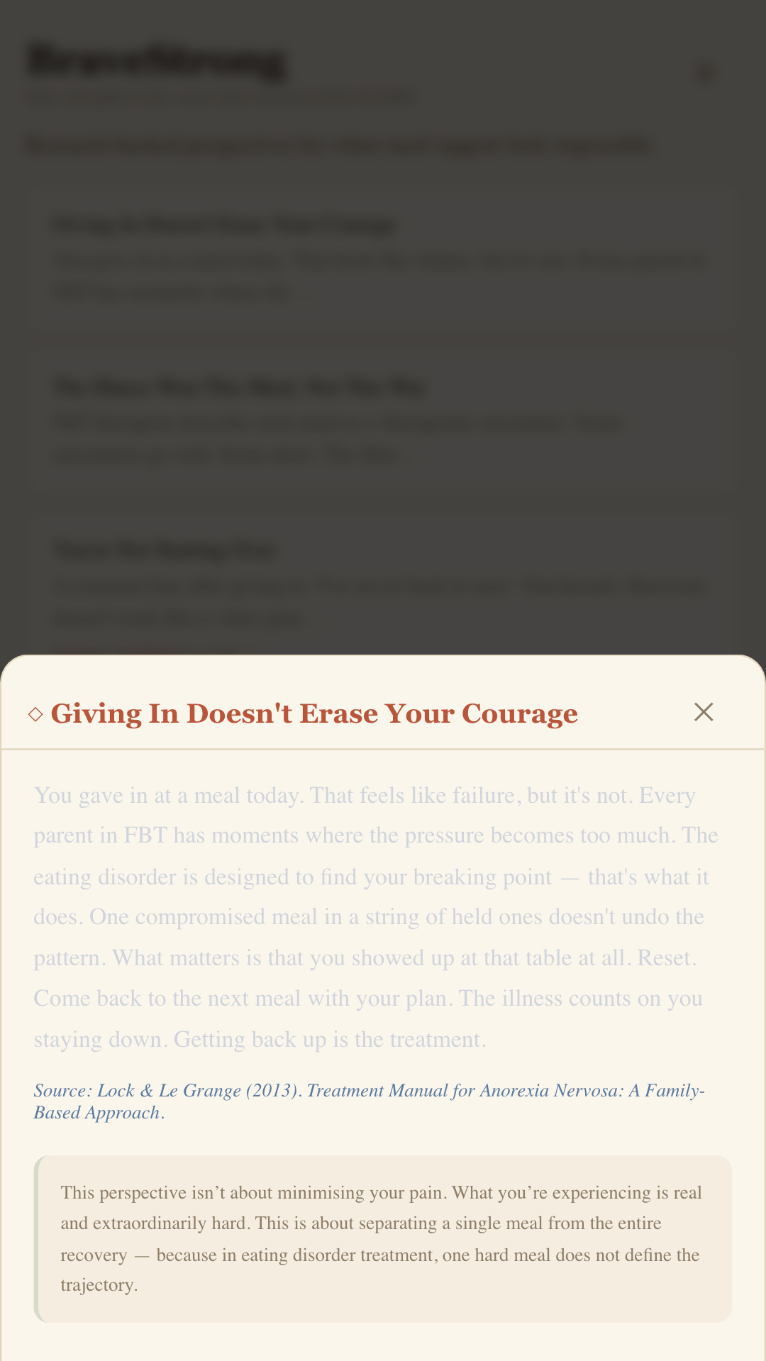 MealStrong Perspective Shift screen showing a research-backed reframe for a parent in FBT