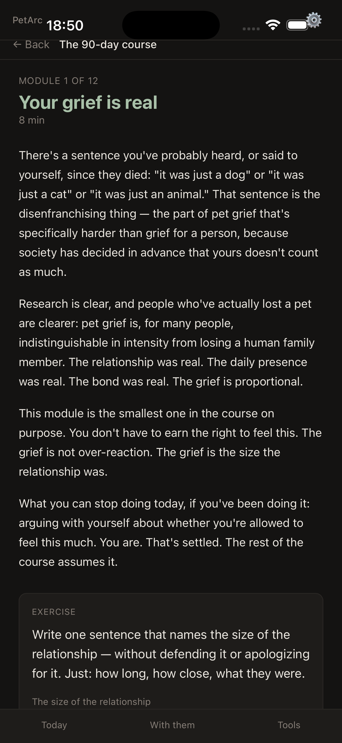 PetArc course screen showing module 1 'Your grief is real' from the 90-day pet-loss course