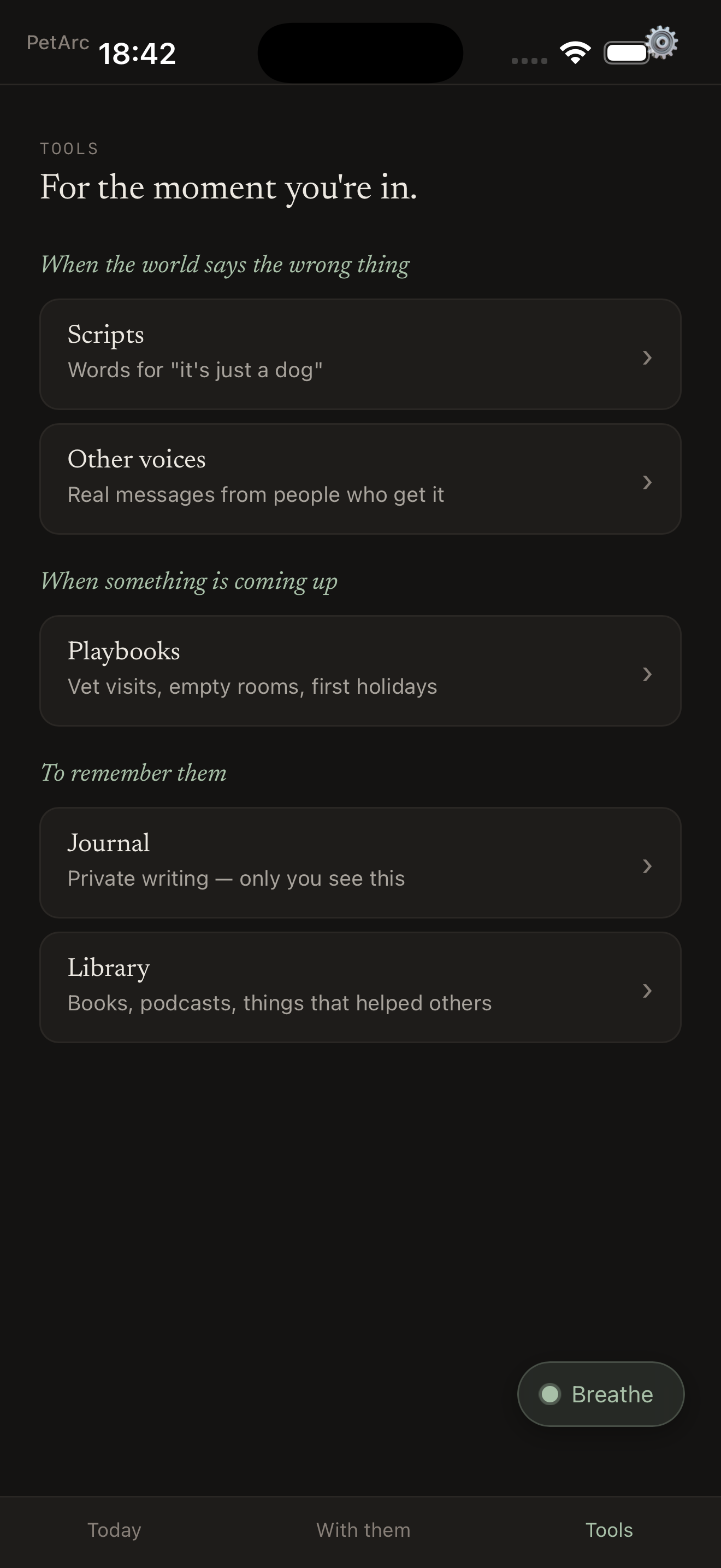 PetArc Tools screen showing Scripts row — words for the moment someone says 'it was just a dog'