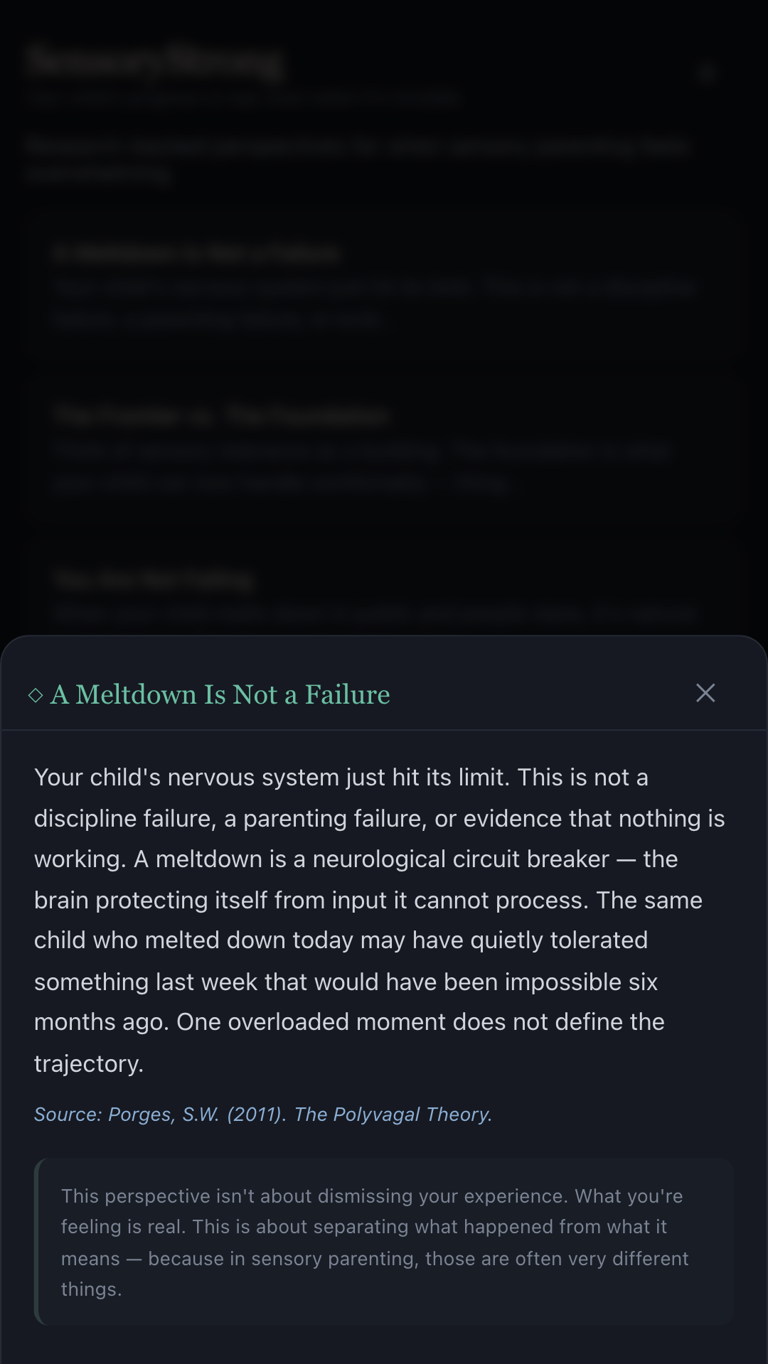 SensoryStrong Perspective Shift screen showing a reframe grounded in sensory processing research