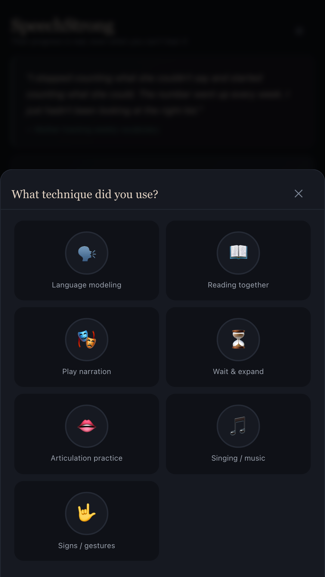 SpeechStrong daily log screen with sliders for practice, clarity and confidence