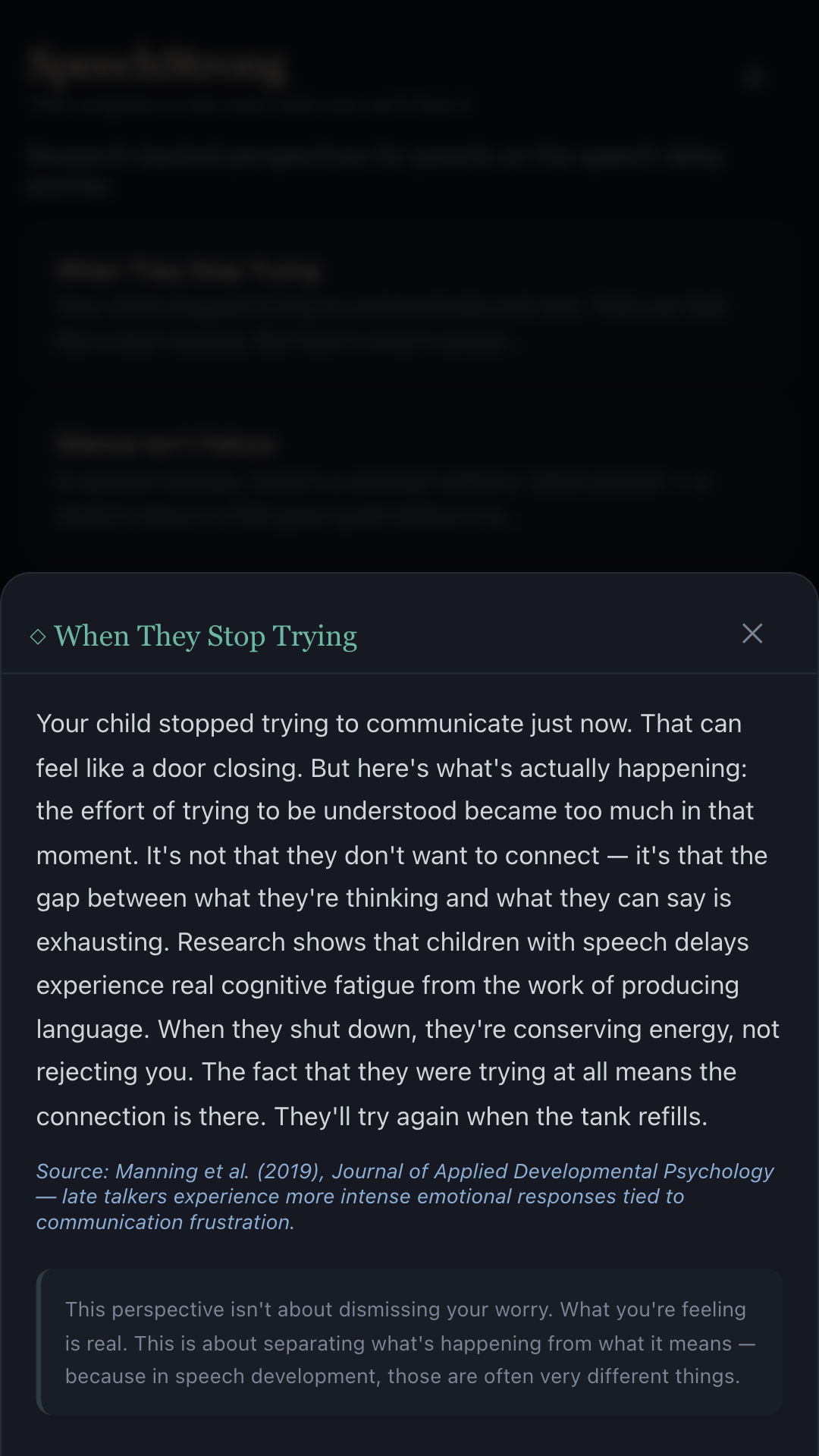 SpeechStrong Perspective Shift screen showing a research-backed reframe for a parent of a late talker