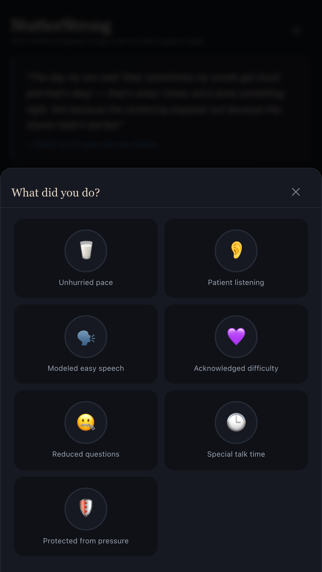StutterStrong daily log screen with sliders for fluency, confidence and communication environment