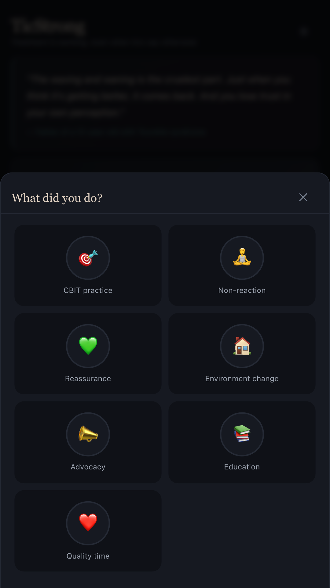 TicStrong daily log screen with sliders for severity, impact and CBIT practice