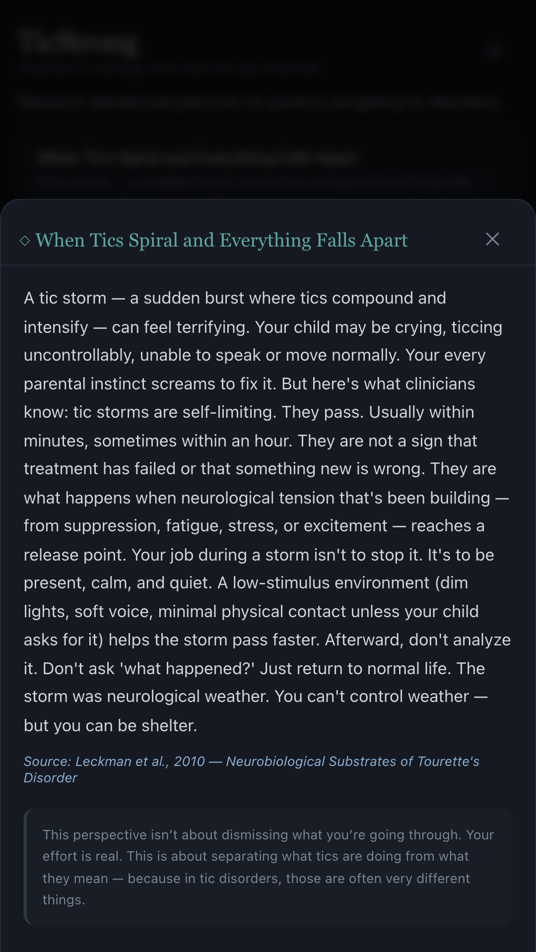 TicStrong Perspective Shift screen showing a research-backed reframe for a parent of a child with tics